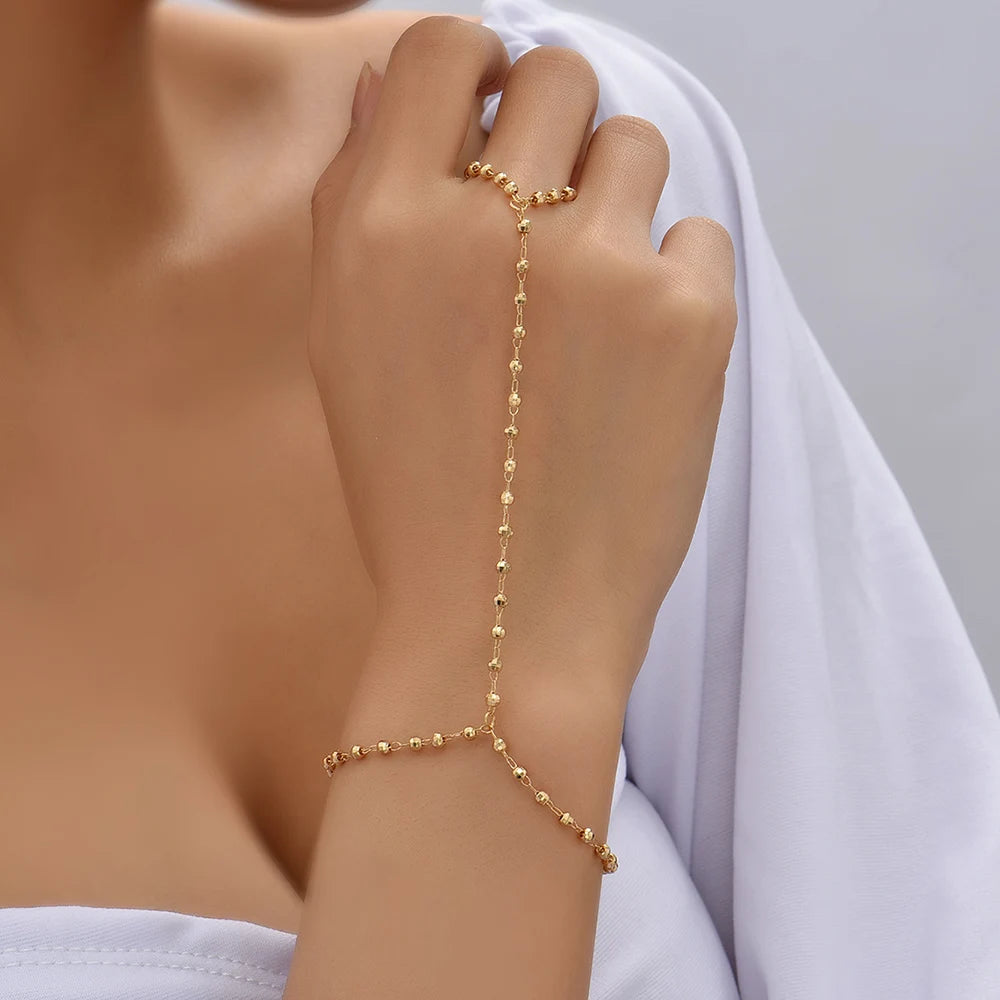 Dainty Hand Chain Bracelet Ring Gold Plated Handmade Link Chains Connecting Harness Bracelets Hand Jewelry for Women Trendy Gift