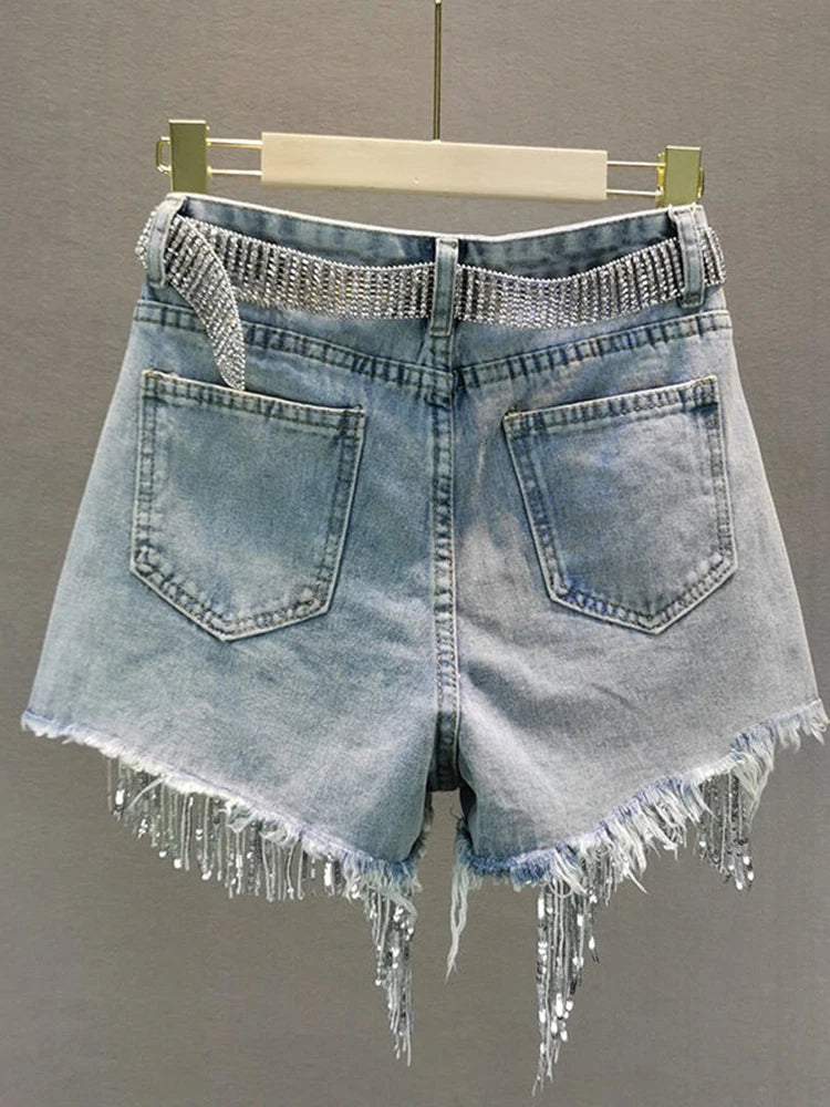 Shorts jeans femininos com contas de cintura e borlas, verão, contas, perna larga, jeans fino e grande, tamanho S-5xl, roupas femininas coreanas de rua