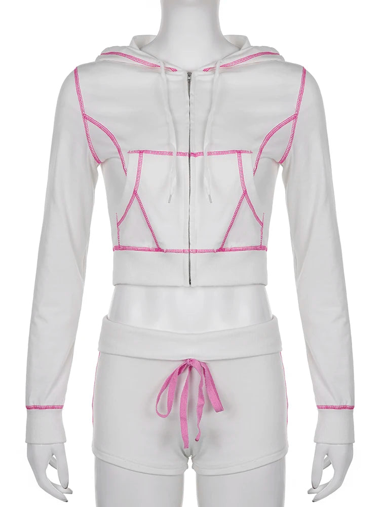 Rockmore Two Piece Set Pink Bright Line Hoodie Tracksuit Women Casual Sweatshirt Coat Y2K Low Waist Shorts Outfits 2PCS Clothes