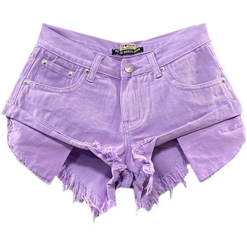 Summer New Low Waisted Ultra Short Fur Pockets Denim Shorts Purple