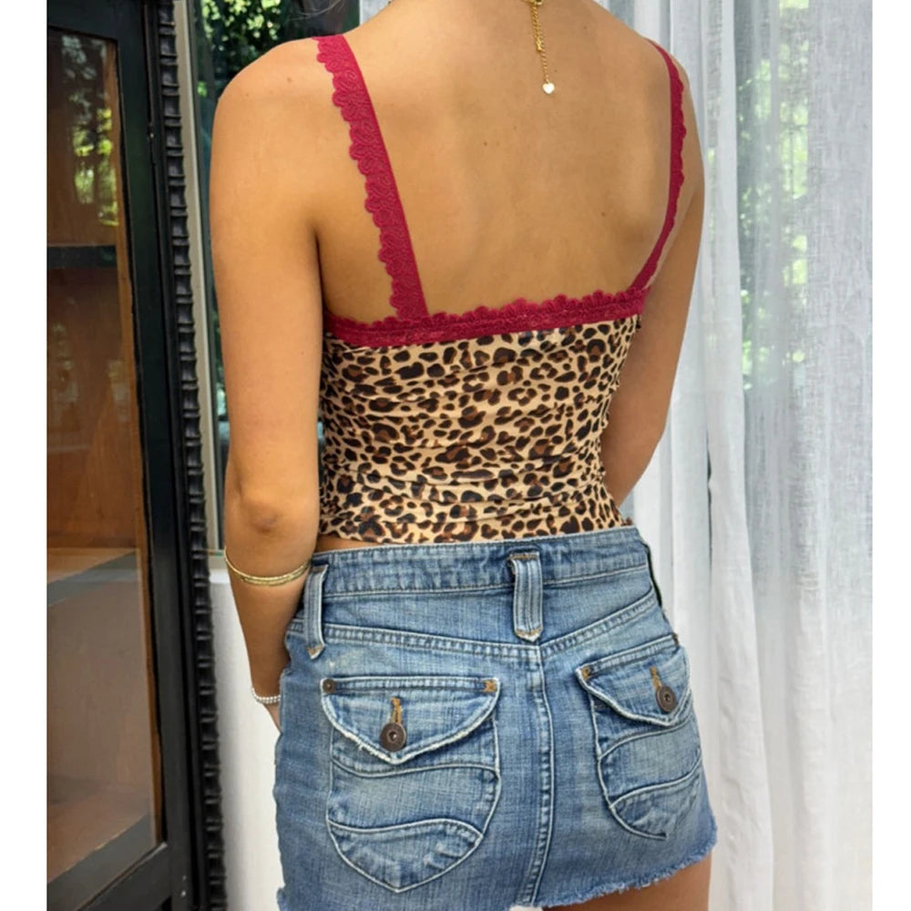 Sexy Lace Trim Leopard Print Cami Tops for Women 2025 Summer Grunge Punk Y2K Aesthetic Clothes Skinny Backless Tee Shirt