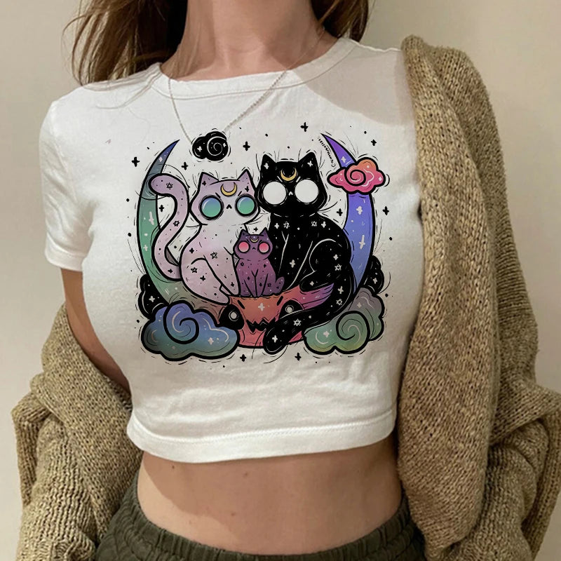 Women 2000s Sweet Funny Cat T Shirt Crop Top Women Shirt Cropped Ulzzang T-shirt 90s Tshirt Top Tee Female Gothic Shirt