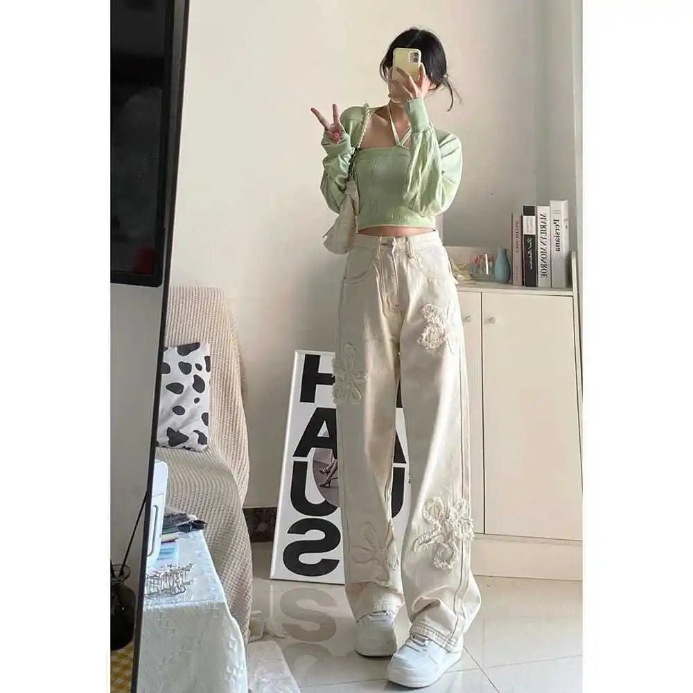 Washed Patch Raw Edge Flower High-waisted Straight-leg Loose Slimming and Tall Versatile Jeans Women Floor-length Trousers