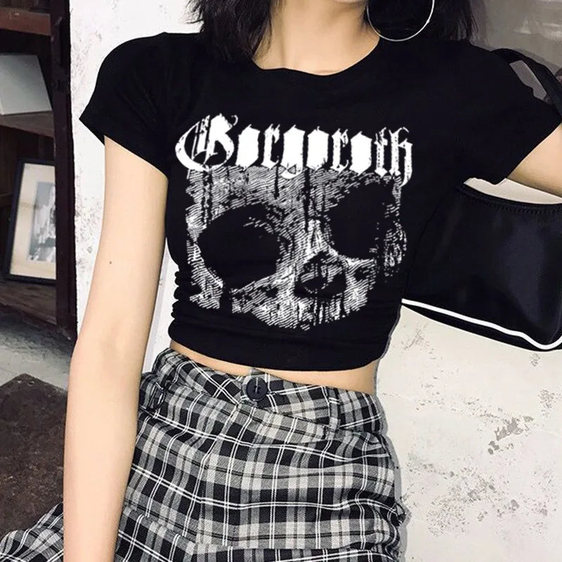 Camiseta vintage de manga curta, estilo gótico dos anos 90, estampa harajuku, croptop, caveira, punk, estética de streetwear, feminina, top feminino