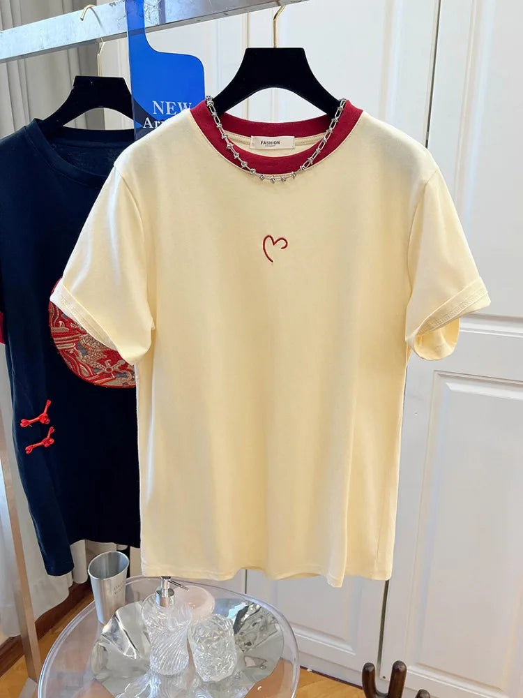 Ins Simple Style Little Heart Embroidery Lady T-shirt 2024 Harajuku Streetwear Chic Female Top Y2k New Summer Fashion Casual Tee