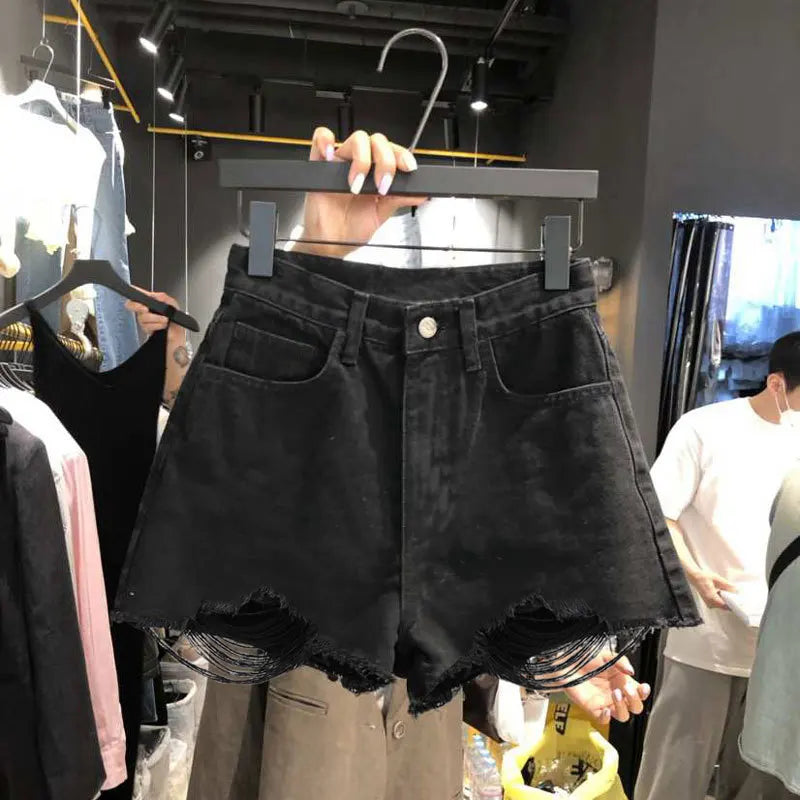 Summer Women's New High-waisted Loose-fit Jeans Shorts Korean Fashion A-line Distressed Hot Y2k Denim Shorts For Women