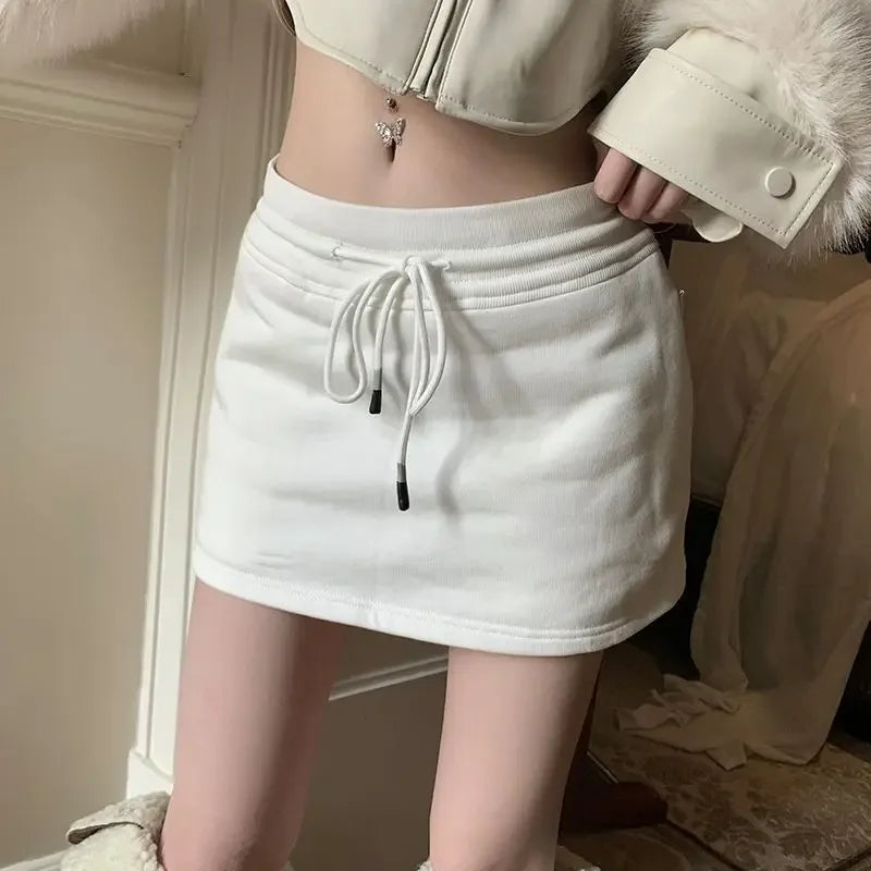 Sporty Mini Skirts Women Drawstring Solid Elegant Casual College All-match Korean Fashion Style Faldas Mujer Retro Workout Basic