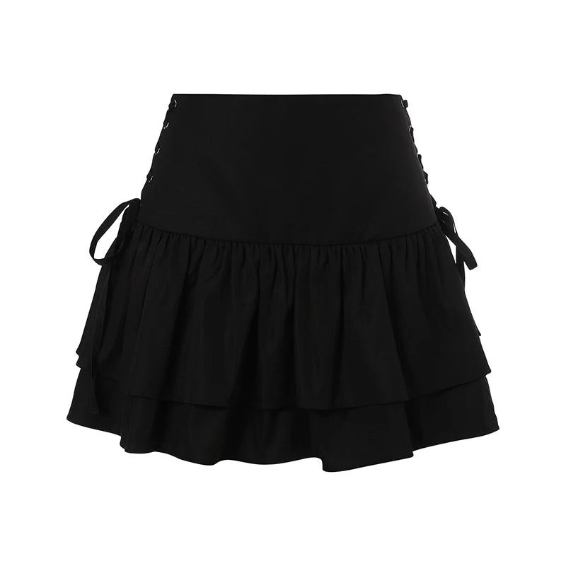 Women’s Ruffle Black Mini Skirt A-line High Waist Slim Sexy Short Skirt Summer Criss Cross Bow Tie Up Hot Sweet y2k Streetwear