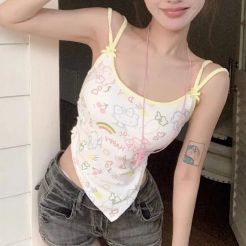 Hello Kitty Bow Graffiti Printed Camisole Vest For Women Summer Slim Fit and Short Tank Tops Backless Spicy Girl Top Ins Clothes