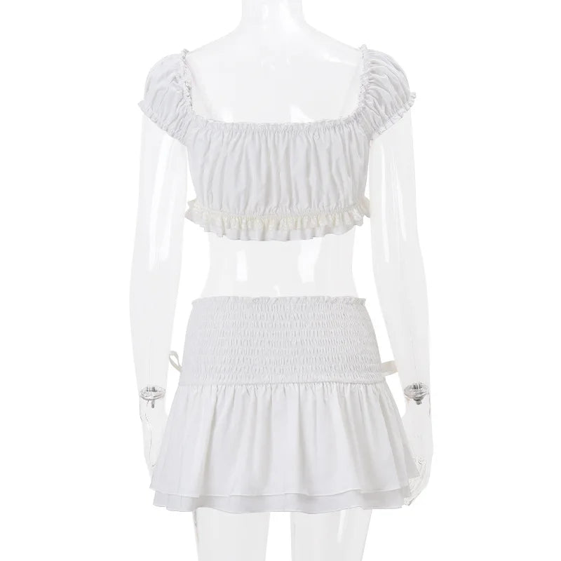 Y2K Fairycore 2 Piece Set 00s Kawaii Outfit Bow Trim Off Shoulder Crop Tops T-shirt + Ruffled Layered Mini Skirt Women Clothes