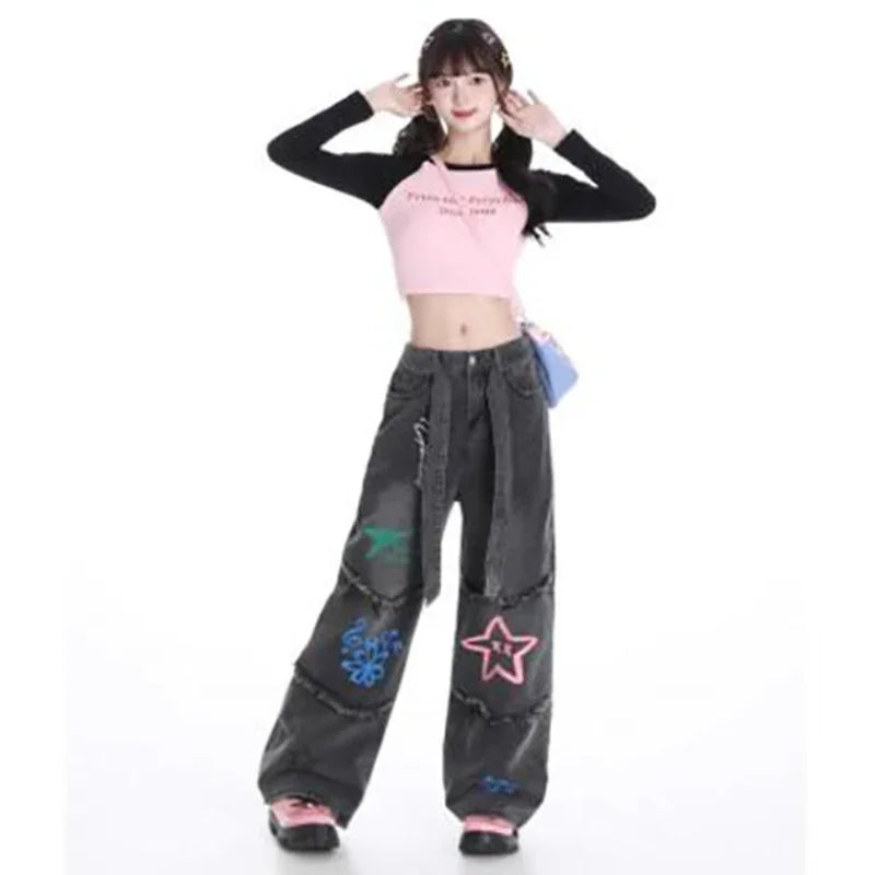 Fashion Women Jeans Street Style Burlap Print Washed Wide-leg Denim Trousers High-waisted Versatile Straight Pants Female