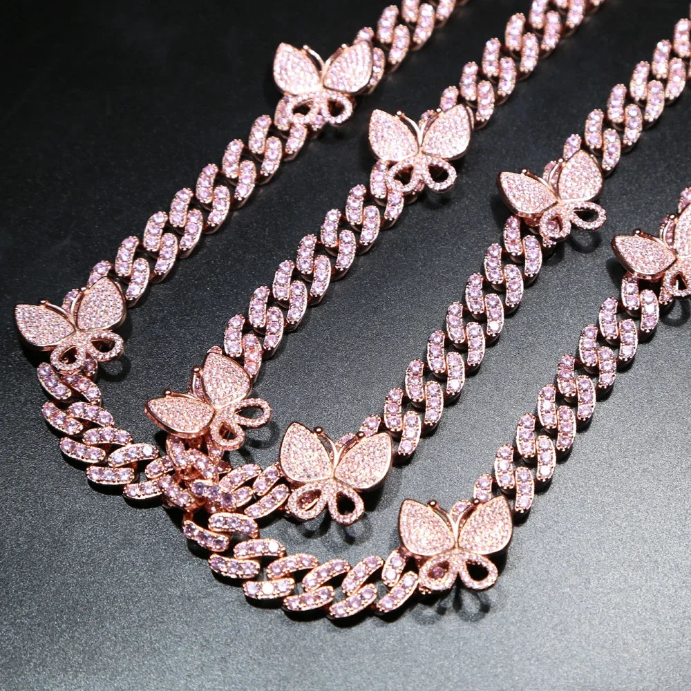 Luxurious Iced Out Bling Cz Miami Cuban Link Chain Butterfly Choker Necklaces For Women Men 12mm Hip Hop Fashion Jewelry