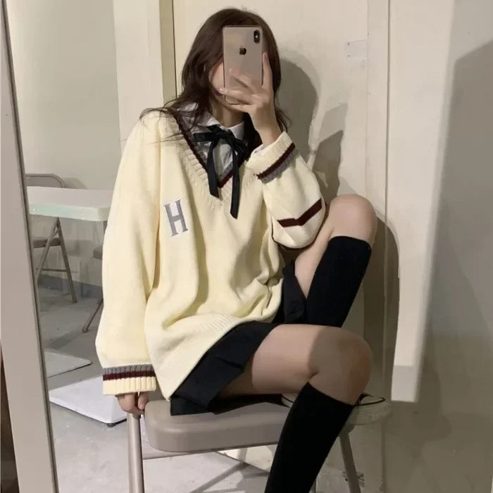 Japanese School Uniform Preppy Style Sweater Women 2022 Autumn New Korean Fashion Loose Simple V-neck Casual School Sweater