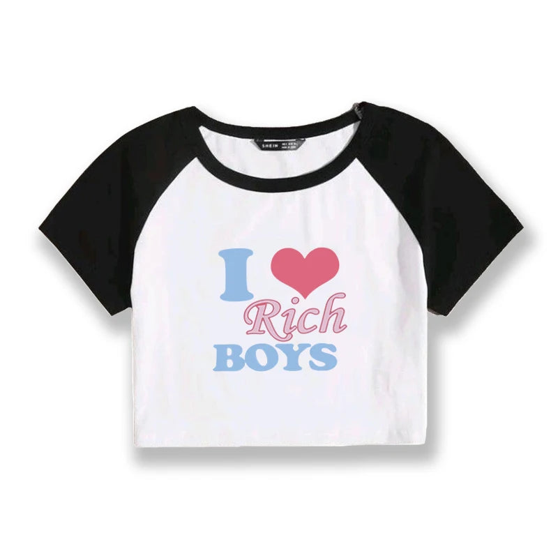 I Love Rich Boys  Women Summer Tee Grunge Crop Tops Sexy Baby Tee Printed White T-Shirt Female Crop Top Hot Girl O-Neck Short