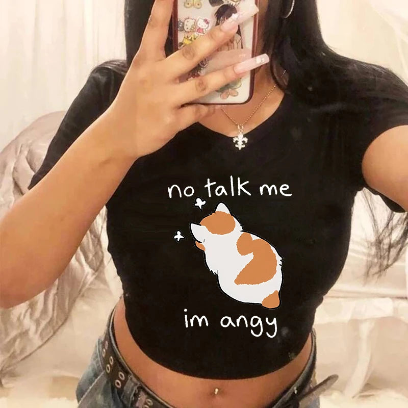 Women 2000s Sweet Funny Cat T Shirt Crop Top Women Shirt Cropped Ulzzang T-shirt 90s Tshirt Top Tee Female Gothic Shirt