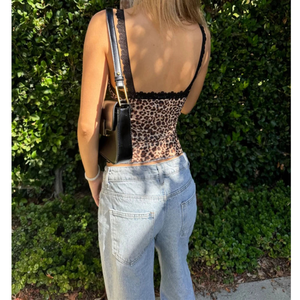 Sexy Lace Trim Leopard Print Cami Tops para Mulheres 2025 Verão Grunge Punk Y2K Roupas Estéticas Skinny Backless Camiseta