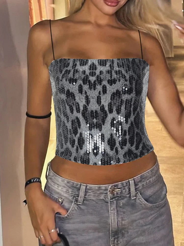 2024 New Autumn Winter Streetwear Tops for Women Sexy Fashion Vintage Tees Leopard Silm Sequins Sleeveless Backless Camis