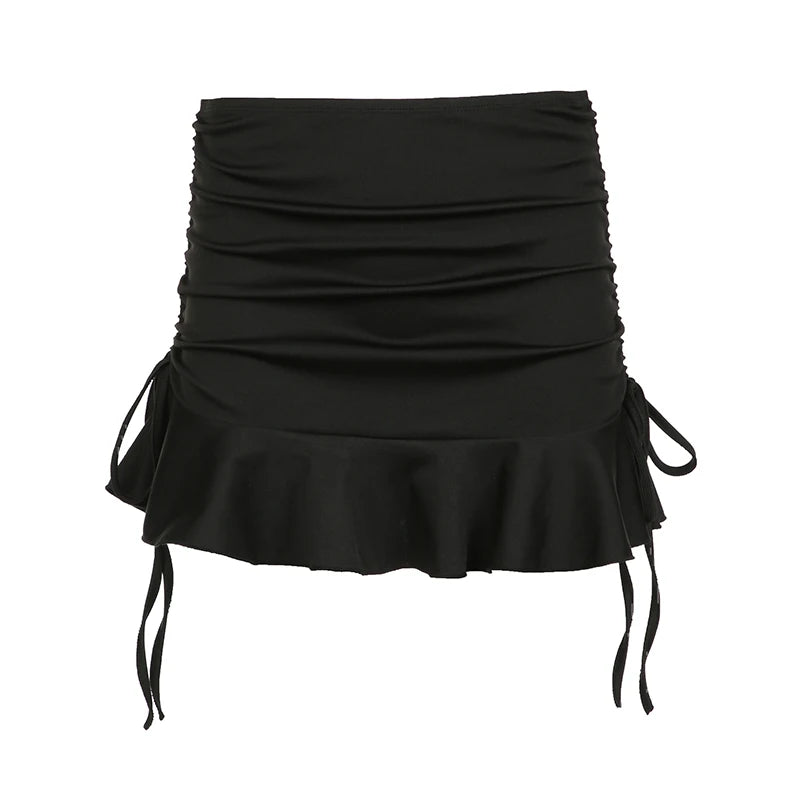 HEYounGIRL Low Waisted Ruffles Mini Skirt Black Skinny Drawstring Sexy Y2K Short Skirts Fashion Summer Casual Outfits Ladies