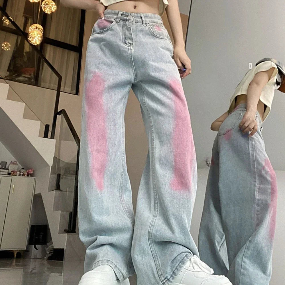 Pants for Women High Waist Shot Blue Womens Jeans Straight Leg Trousers with Pockets Retro Fashion Casual Cool Stretched Cheap A