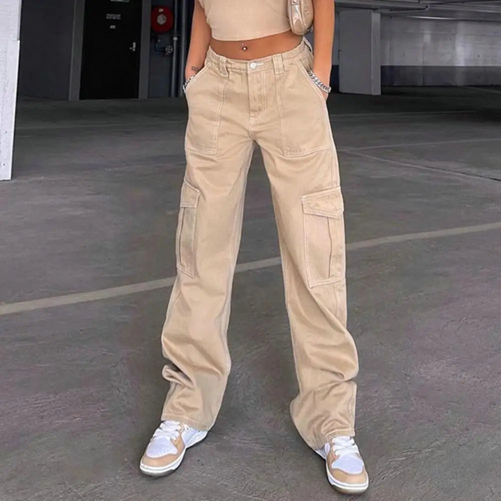 Women Cargo Pants High Waist Solid Color Loose Multi Pockets Full Length Soft Breathable Casual Streetwear Lady Trousers Khaki