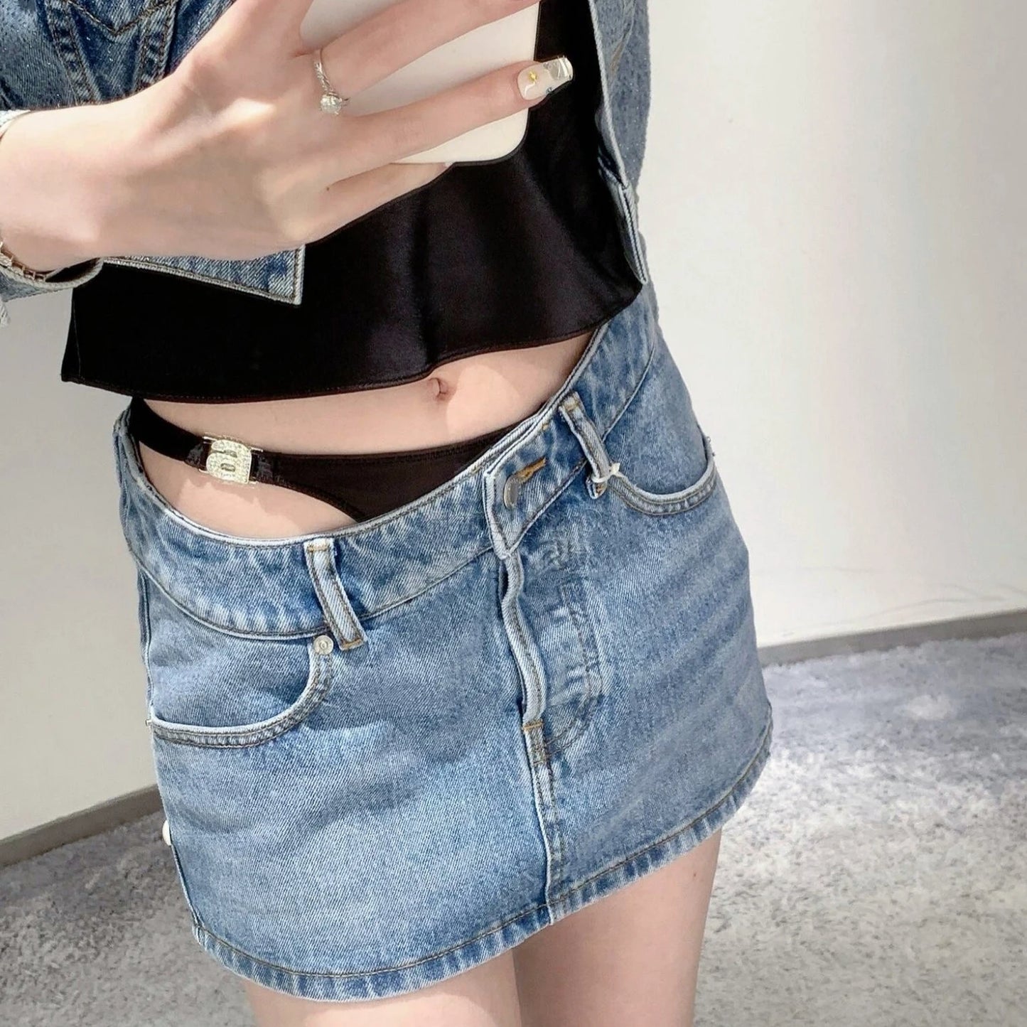 a Letter Luxury Brand Design Fake Two Pieces Denim Short  Mini Skirt For Women Sexy Fashion Y2k Wang Minifalda Dress Clothes