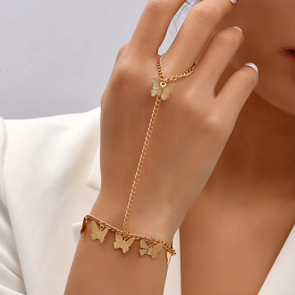 Dainty Hand Chain Bracelet Ring Gold Plated Handmade Link Chains Connecting Harness Bracelets Hand Jewelry for Women Trendy Gift