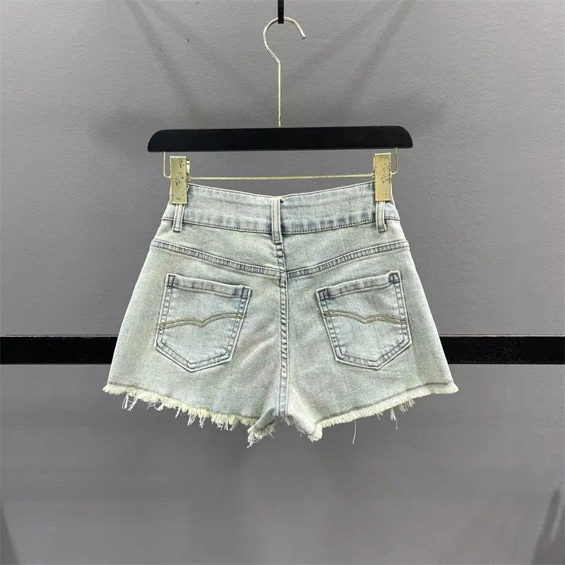 retro fringe patchwork striped A-line denim skirt for women with rough edges, spicy girl A-line ultra short anti glare skirt