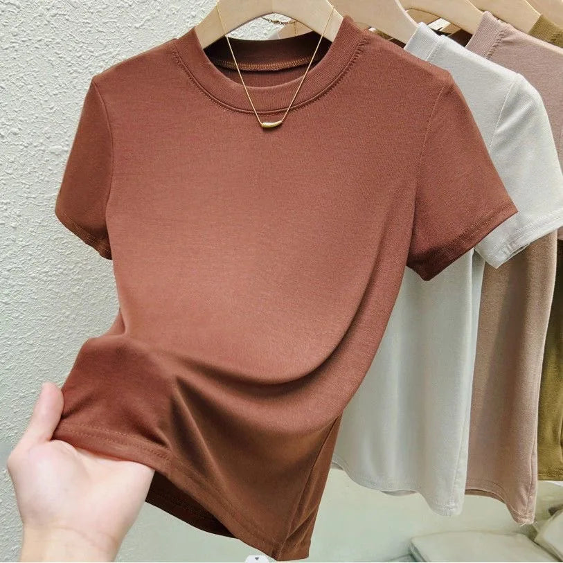 Fashion Sexy Slim Blue Crew Neck Red Women's T Shirt Korean Y2k Street Casual T-Shirt Solid Top Summer Short Sleeve Clothing