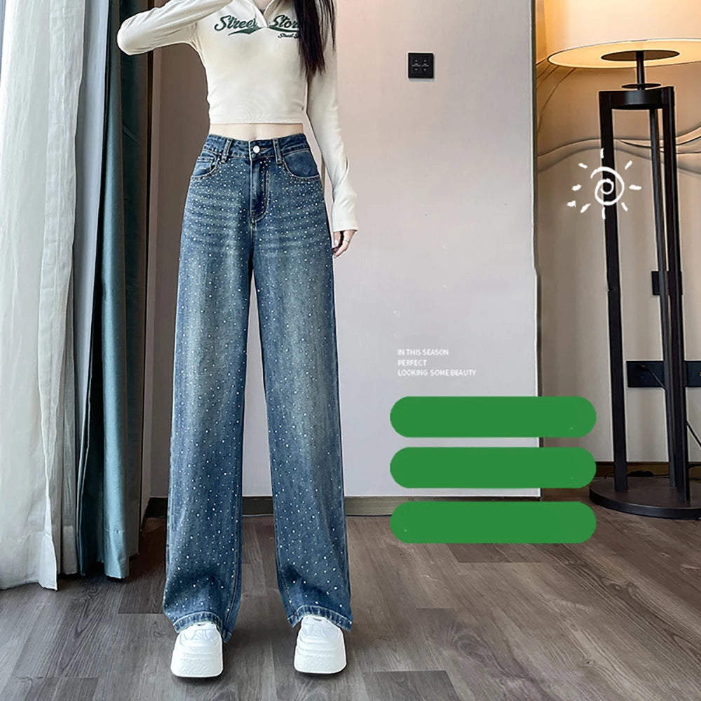 Fashion Straight Wide Leg Pants Women Blue Jeans Spring Autumn High Waist Loose Hot Stamping Diamond Denim Pants Streetwear