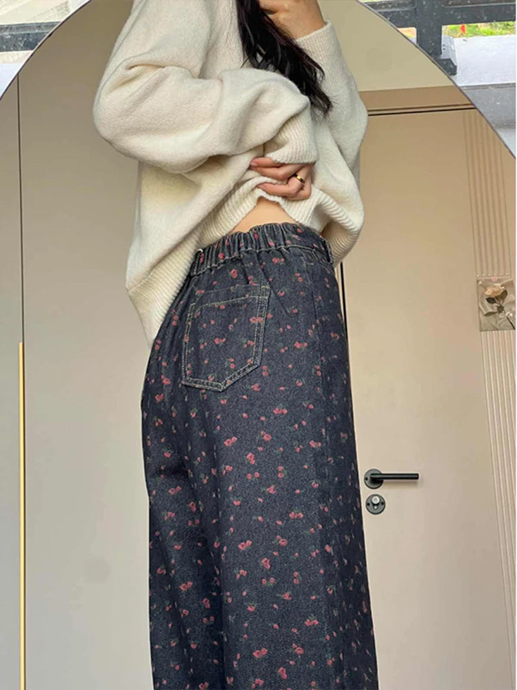 Vintage Floral Women's Jeans Spring/Autumn New High Waist Loose Straight Wide Leg Pants Fashion Niche Design Cowgirl Pants