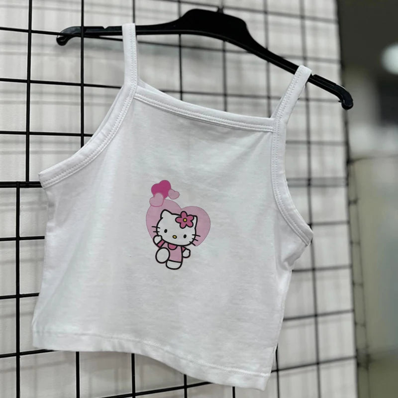 Summer Retro Korean Style Sanrio Hello Kitty Y2k Spicy Girl Cute Vest T-shirt Top Short Style Sleeveless Casual Top