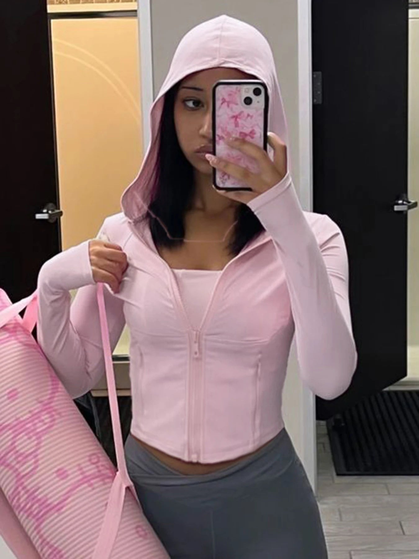 Rockmore Pink Hotsweet Knit Tight Hoodies Coat Women Spring Fall Y2K Aesthetic Zip Up Hooded Crop Jacket Korean Casual Outerwear