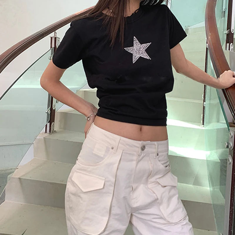 Estética Estrelas Strass Verão Harajuku T Shirt Top E-girl Gráfico Grunge Preto Crop Top Baby tee Gótico Y2K Streetwear EMO