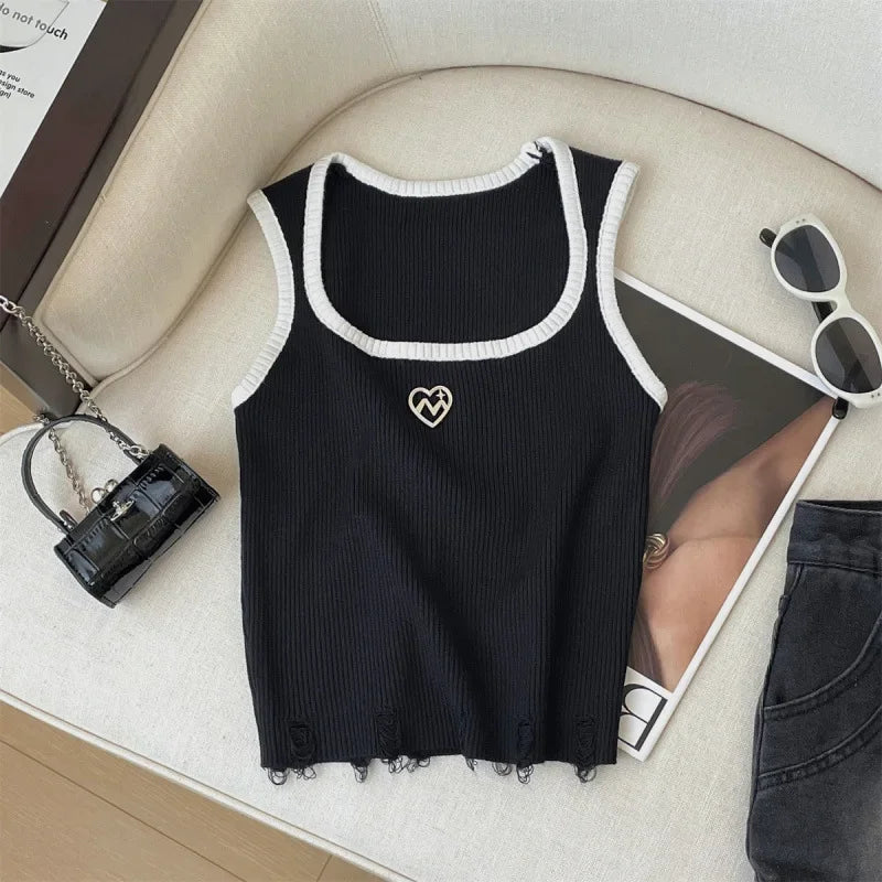 American Style Sexyknit Heart Shaped Tank Top For Women Versatile Color Blocking Summer Outer Wear Plus Size Vest/Suspender