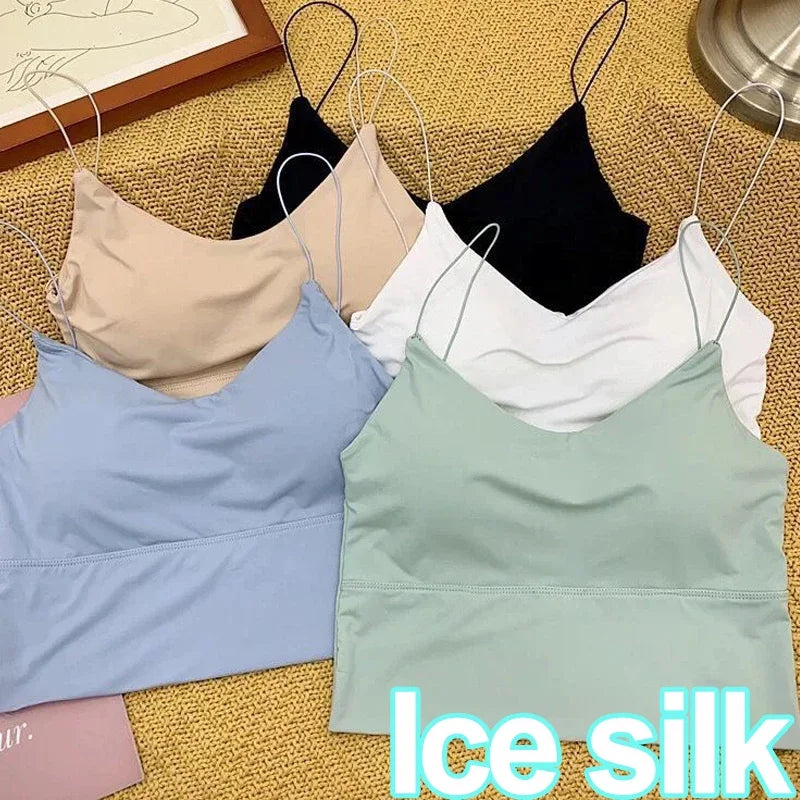 New Summer Ice Silk Vest Top Women Sexy Built In Bra Off Shoulder Sleeveless Camisole Underwear Crop Tops Sports Spaghetti Strap