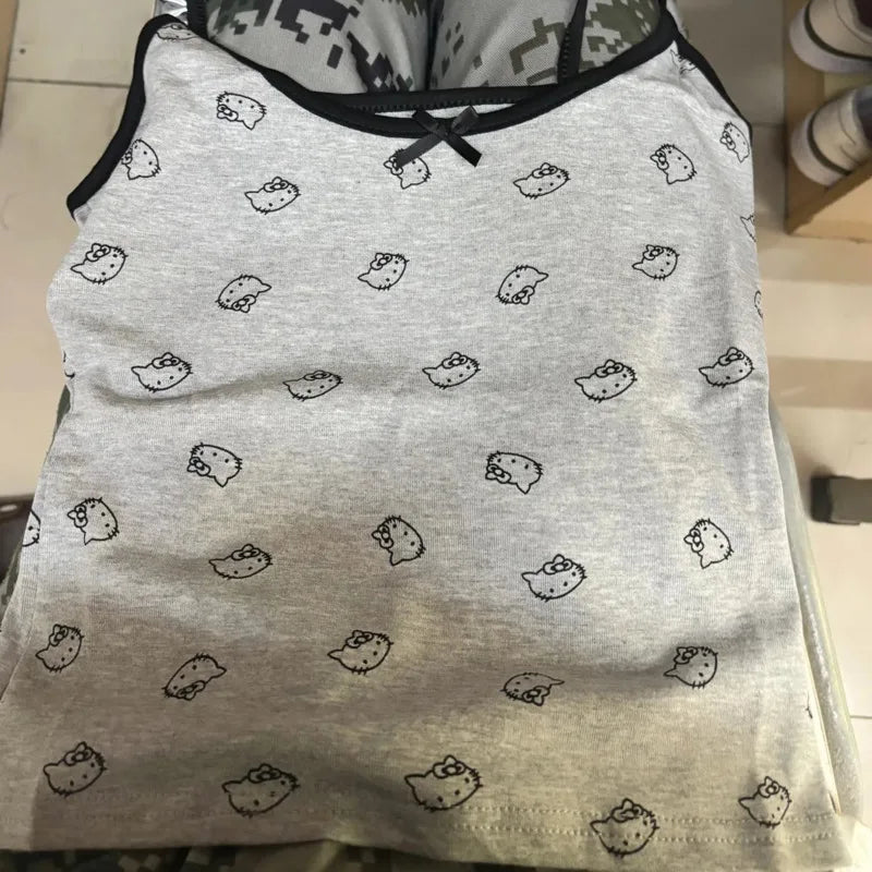 Novos tops camisola cinza Hello Kitty para mulheres verão doce fofo slim tank tops roupas curtas