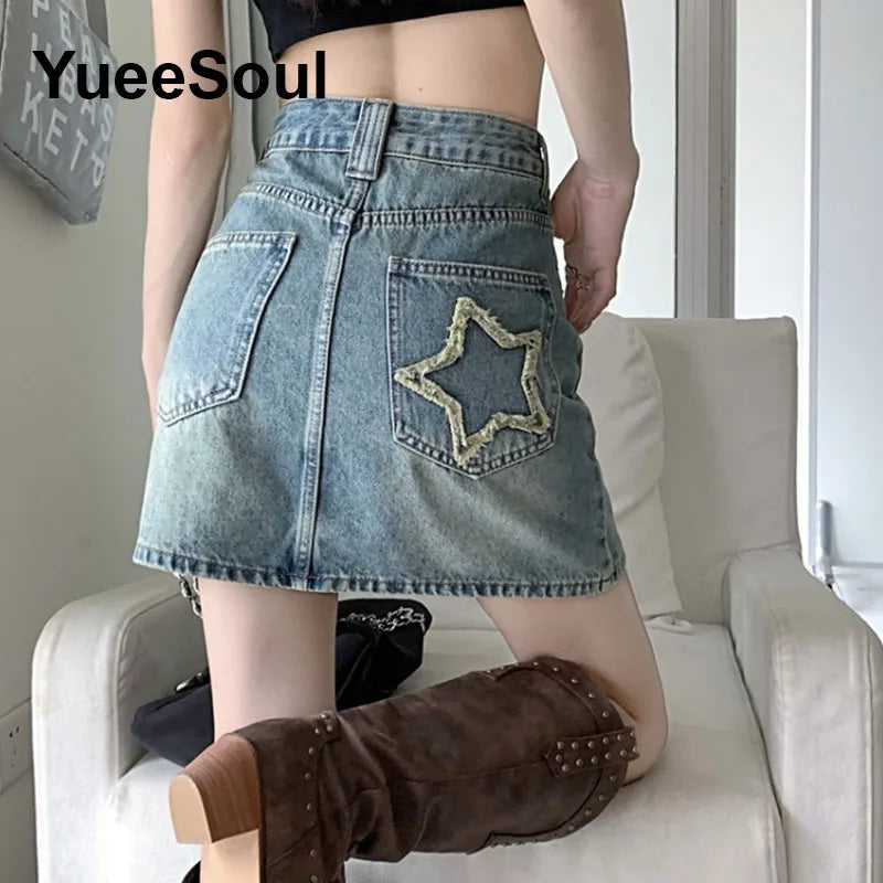 Blue Denim Skirt  A-Line High Waist Mini Skirt 2024 New Summer Y2K 2000s High Street Sexy Kawaii Cute Skirts for Women