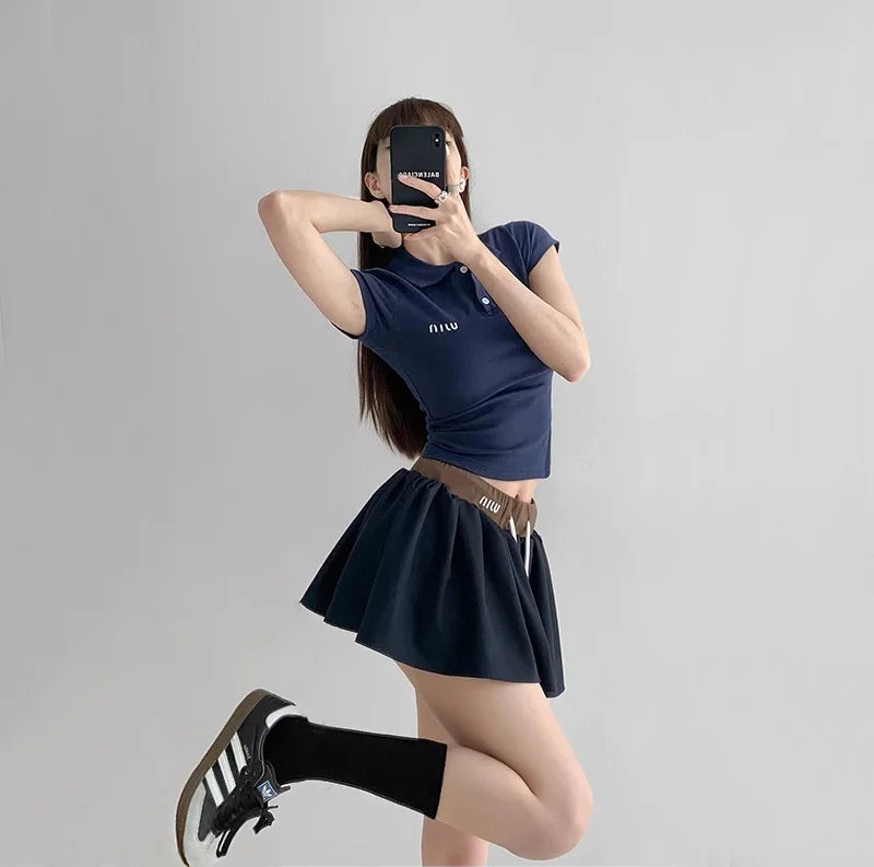 Women's Short Sleeve Polo T-shirt, Contrast Waist Mini Skirt with Underpants Co-ord