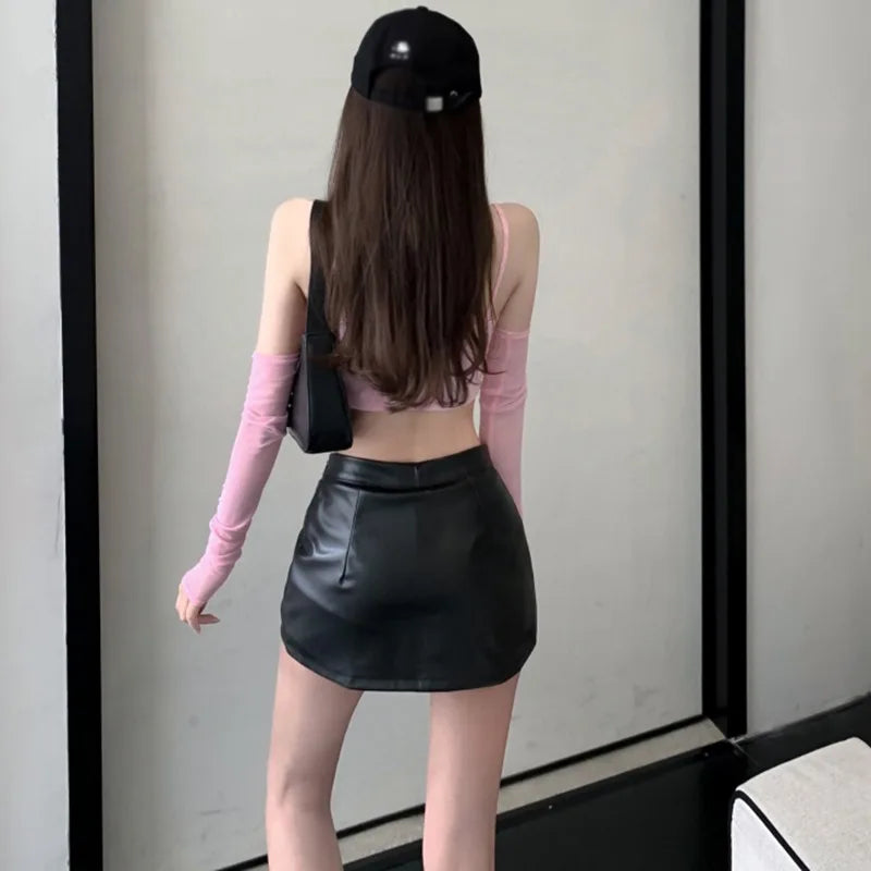 2024 New Sexy Short Skirt PU Leather High Waist Skirt Slim Fit Sexy Split with Liner Retro Short Skirts Spicy Girl Short Skirt S