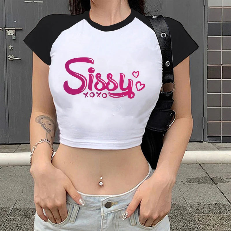 Camiseta estampada com letras SISSY de verão, camiseta feminina sexy, roupas kawaii, moda feminina, camisas curtas para meninas, camiseta, roupas de rua