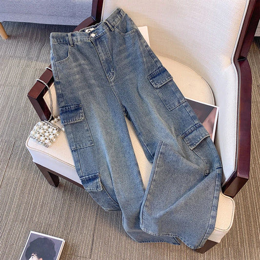 Fall 2024 new street style plus size jeans women's casual pants Gray all-in-one overalls multi-pocket commuter denim pants