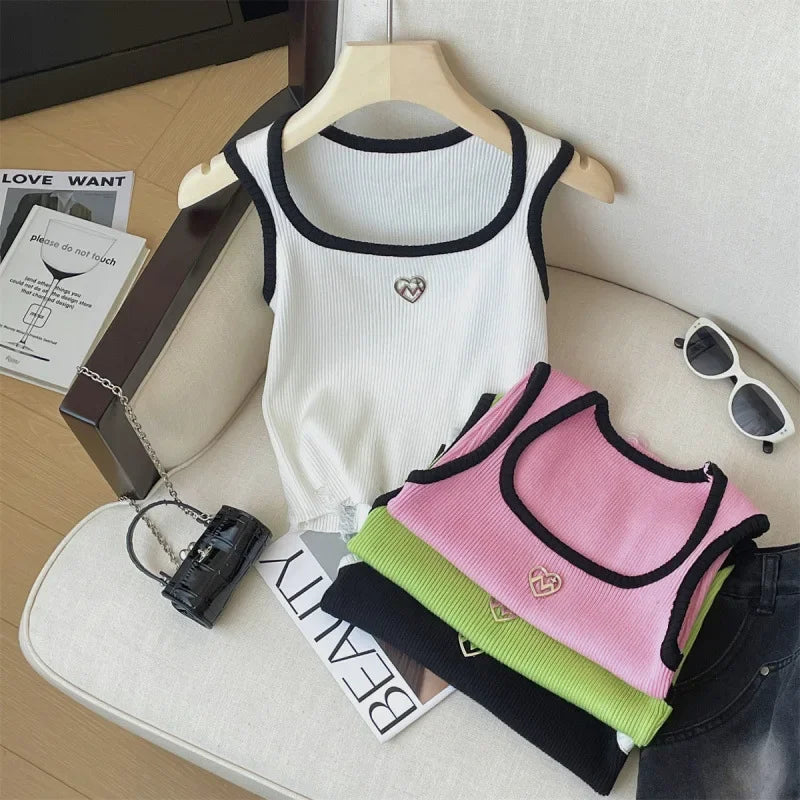 American Style Sexyknit Heart Shaped Tank Top For Women Versatile Color Blocking Summer Outer Wear Plus Size Vest/Suspender