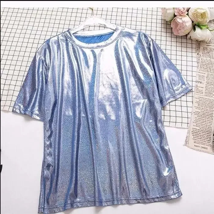 S-4XL Womens Sparkly Shiny Metallic Holographic Round Neck Short Sleeve Casual Loose Top Festival Party Tee Shirt Female Clothes