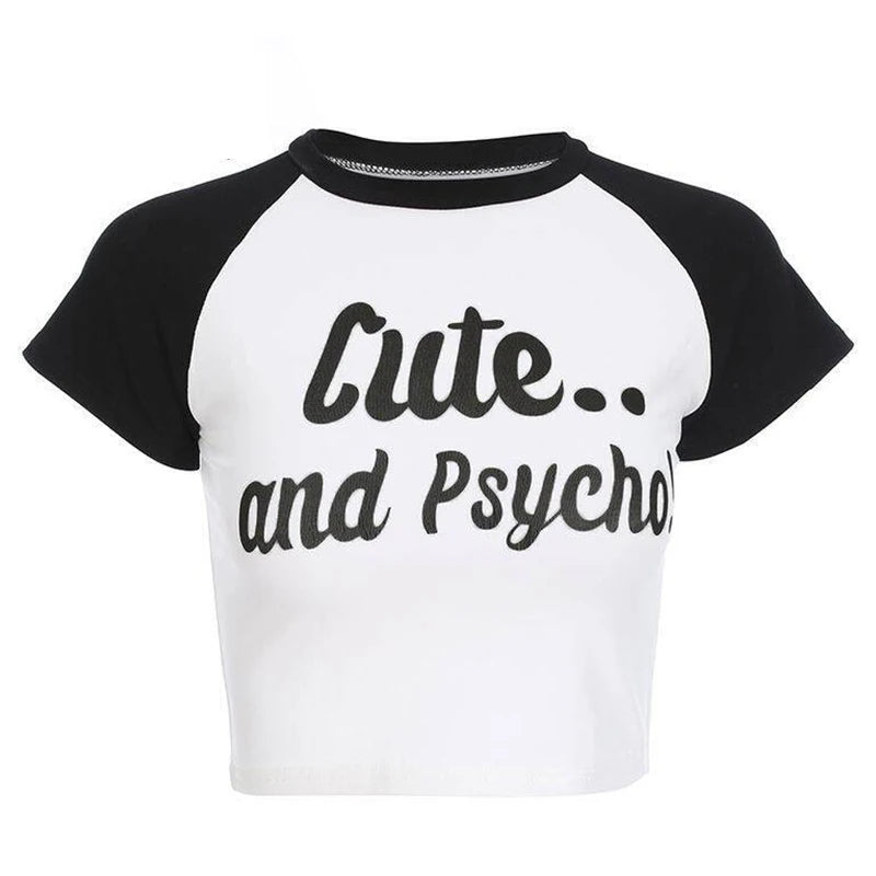 2000s Aesthetic Funny Cute And Psycho Letter Print  Y2K Crop Topstar Girl Women T-Shirt Summer Baby Fashion Cute Baby Streetwear