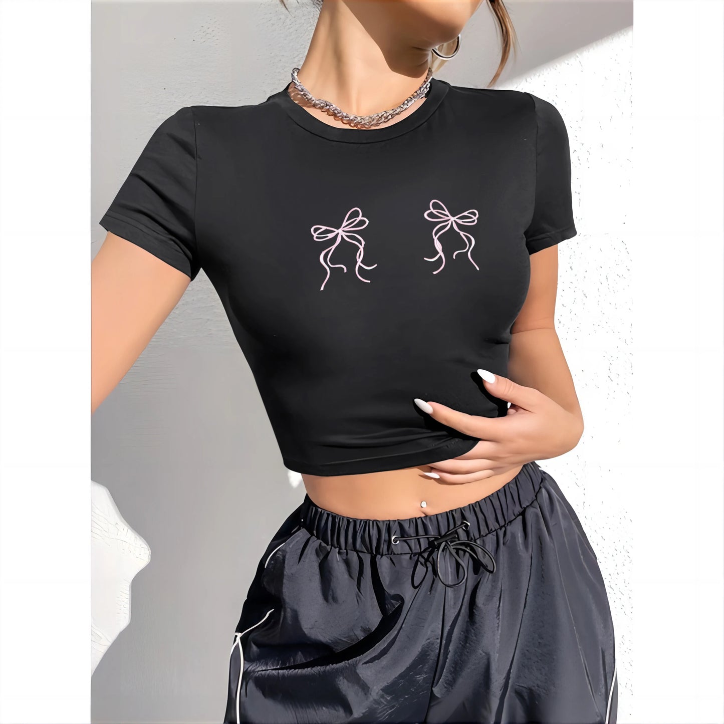 Double Pink Bow Cute Print Pattern Short Sleeved Market Women's Top T-Shirt