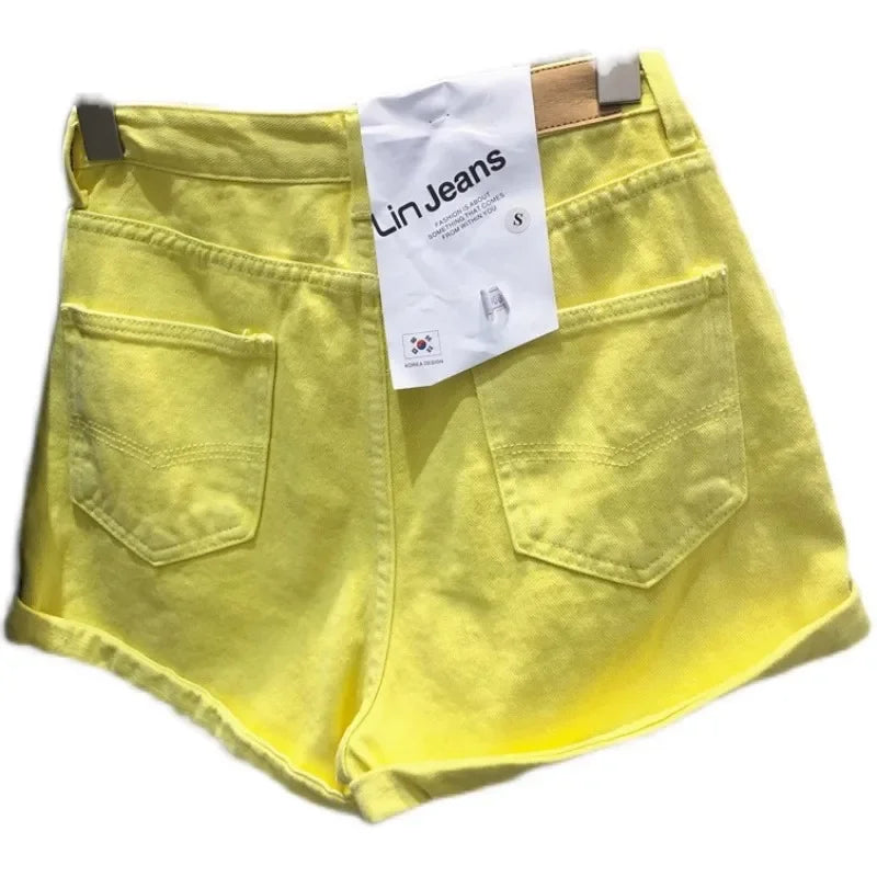 2024 Summer New Style Women's High-Waisted Wide-Leg Slimming Hot Pants Trendy Lemon Yellow Citrine Cotton Shorts