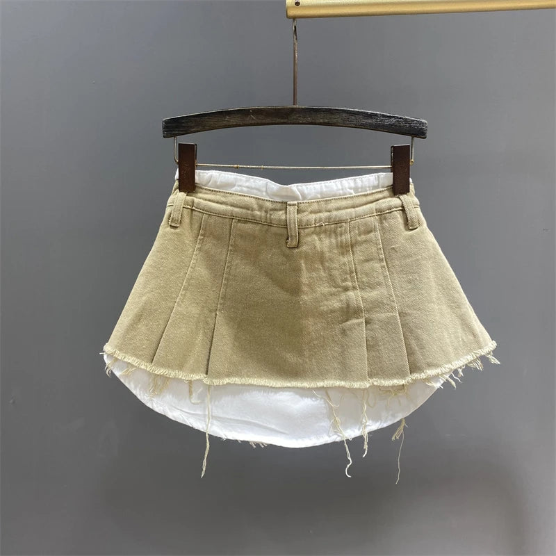 Spring and Summer New Fake Two-Piece Patchwork Pink Short Denim Skirt Women Slimming A-line Mini Pleated Skirt High Street