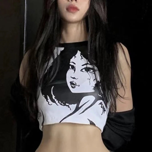 Vintage Harajuku Sexy Corset Estética Meninas Grunge T Shirt Mulheres Camis Novo Sem Mangas Skinny Crop Top Y2k Roupas Regatas Tee