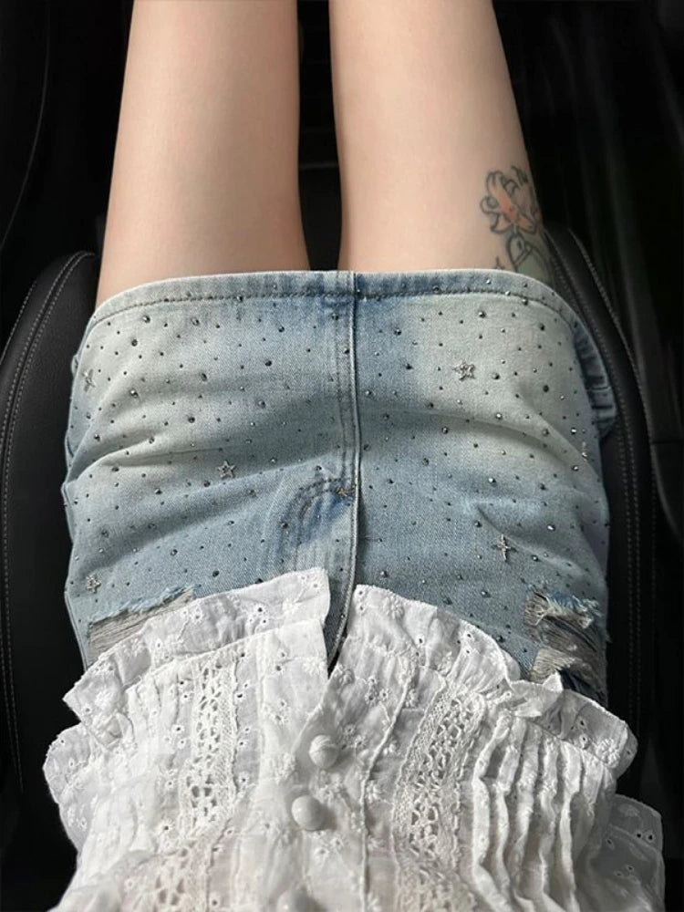 Vintage Denim Starry Skirts Women Mini Rhinestone Denim A-line Korean Style Hot Spicy Girls Summer Streetwear Stylish 4XL Chic