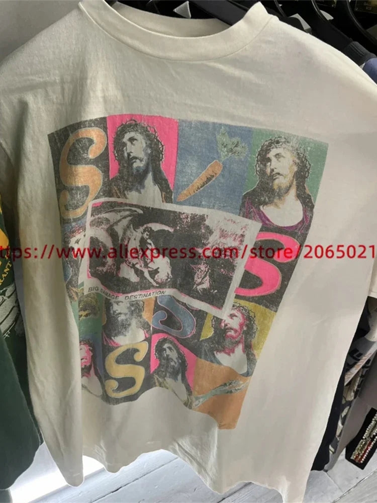 Jesus Graffiti print Saint T Shirt Men Women Retro Gray Washed T-Shirt Tee Tops